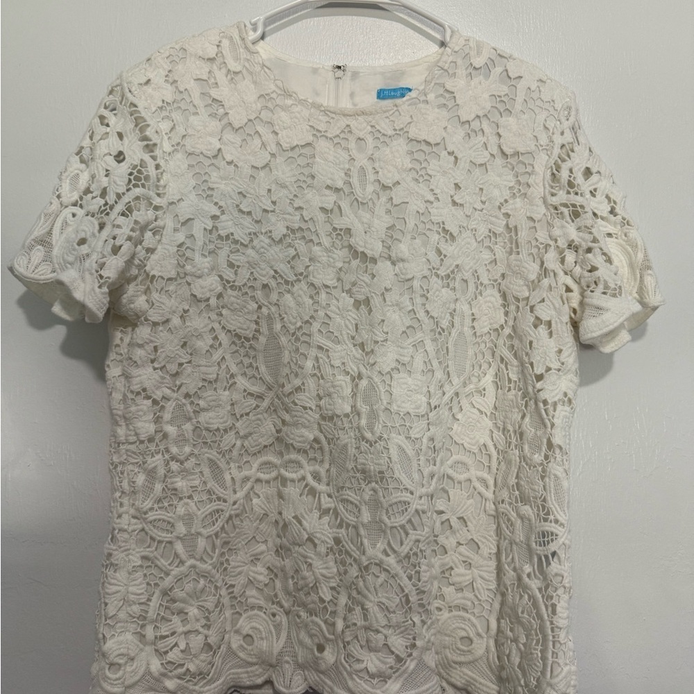 J.McLaughlin White Crochet Layered Short Sleeve Blouse Size L 100% Cotton Lined